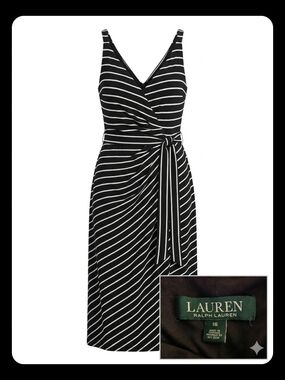 Lauren Ralph Lauren Black and White Striped Wrap-Style Midi Dress